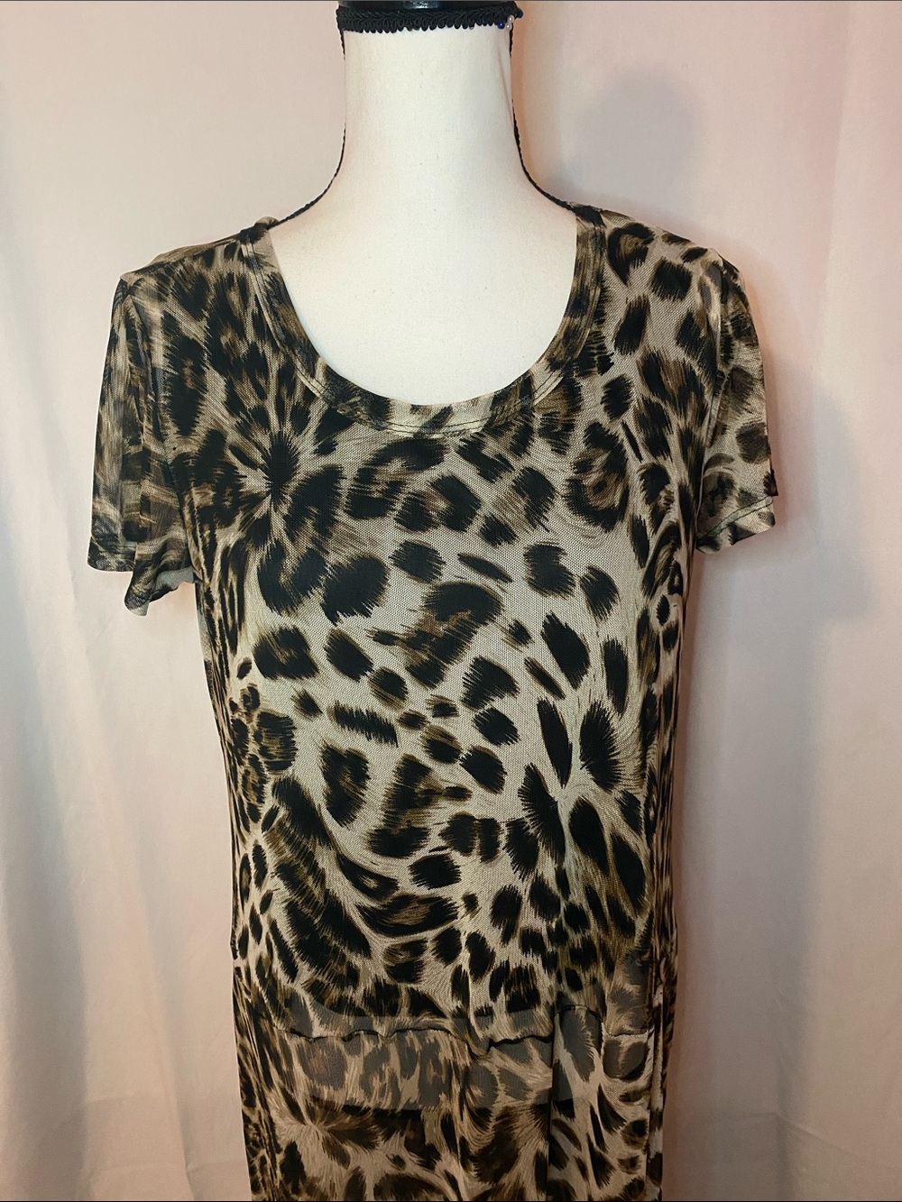 Leopard Print Short Sleeve Women's Top Sheer Bottom - Black & Tan